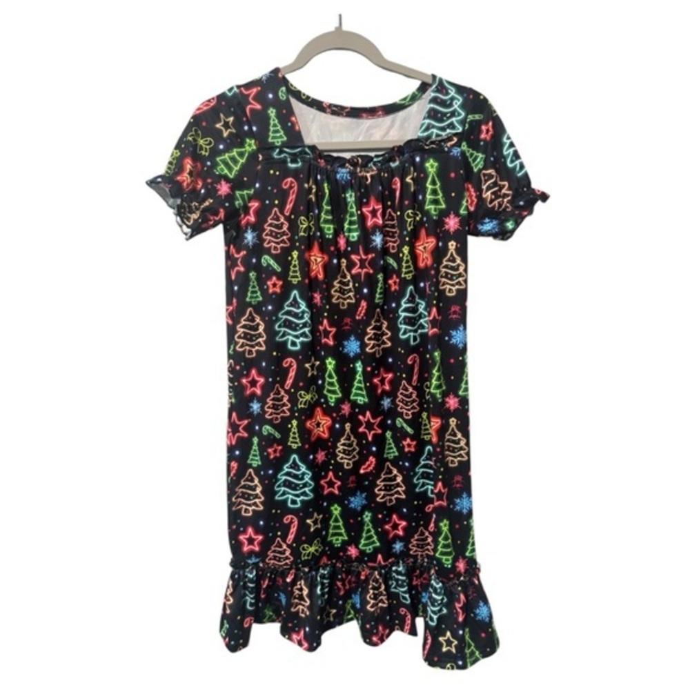 Girls Festive Holiday neon Tree Print Dress size 10Y